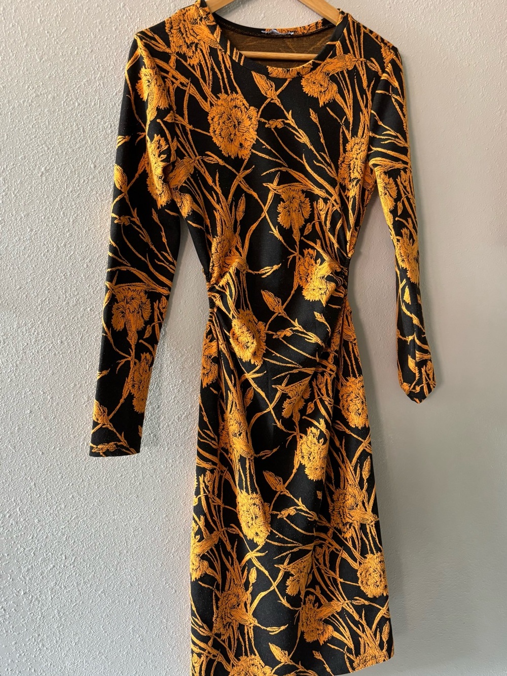 Zara Black Dress with Mustard Floral Print - Long Sleeve